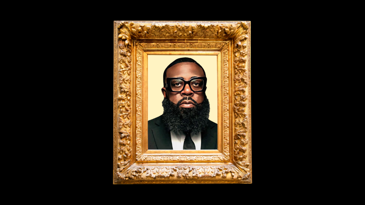 E. Tony Gaines in a golden frame with dark black background